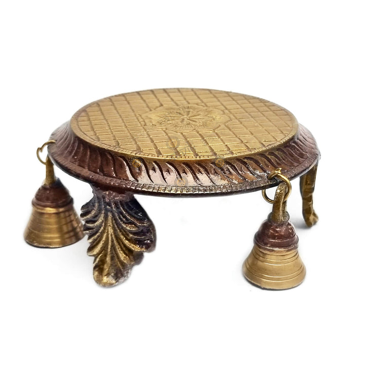 Decorative Brass Chowki with Bells Puja Store Online Pooja Items Online Puja Samagri Pooja Store near me www.satvikstore.in